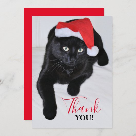 Zwarte kat met rode kersthat bedankkaart (Voorkant / Achterkant)