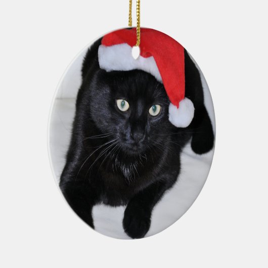 Zwarte kat met rode kersthat keramisch ornament (Rechts)