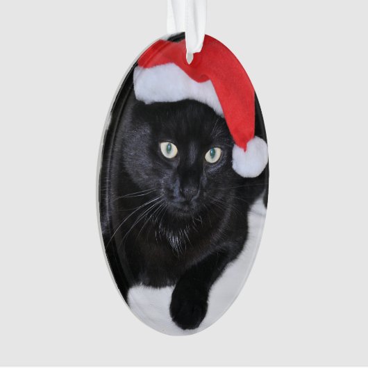 Zwarte kat met rode kersthat ornament (voorkant)