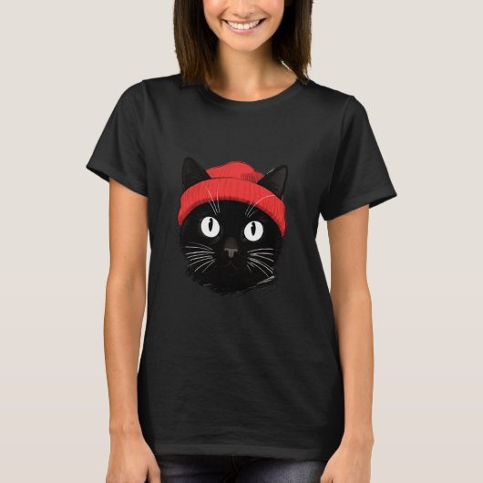 Zwarte Kat met Rode Mut Retro Design T-shirt (Voorkant)