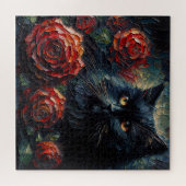 Zwarte Kat Met Rode Rozen Gotische Puzzel (Horizontaal)