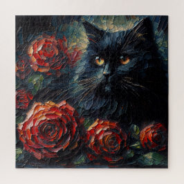 Zwarte Kat Met Rode Rozen Gotische Puzzel
