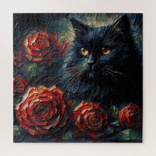 Zwarte Kat Met Rode Rozen Gotische Puzzel