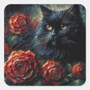 Zwarte kat met rode rozen kunst vierkante sticker
