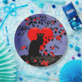 Zwarte Kat met Rode Rozen Papieren Bordje (Feest)