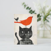 Zwarte kat met rode vogel en hybride wezens briefkaart (Staand voorkant)