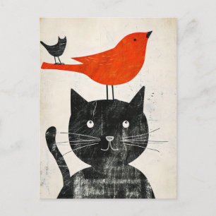 Zwarte kat met rode vogel en hybride wezens briefkaart