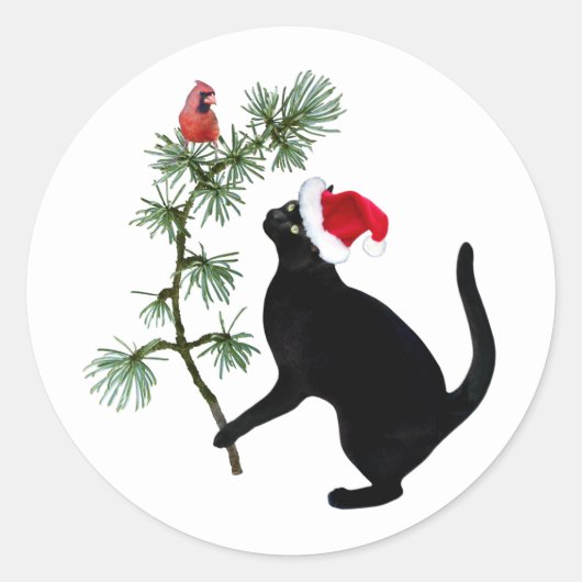 Zwarte kat met rode vogel in kerstboom Stickers (Voorkant)