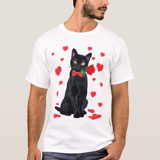Zwarte kat met Roos Valentijnse Valentijn Kat Love T-shirt (Voorkant)