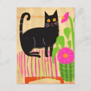 Zwarte kat met roze bloemen briefkaart