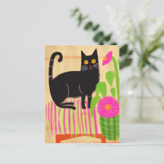 Zwarte kat met roze bloemen briefkaart (Staand voorkant)