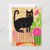 Zwarte kat met roze bloemen briefkaart (Voorkant / Achterkant)