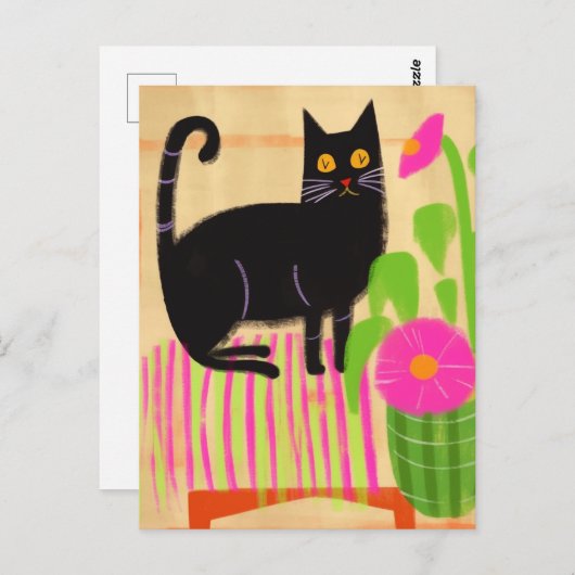 Zwarte kat met roze bloemen briefkaart (Voorkant / Achterkant)