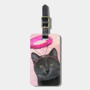 Zwarte kat met roze engel halo bagagelabel