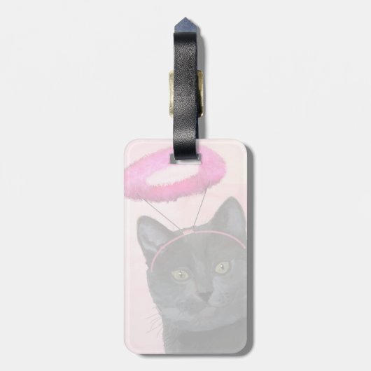 Zwarte kat met roze engel halo bagagelabel (Achterkant verticaal)