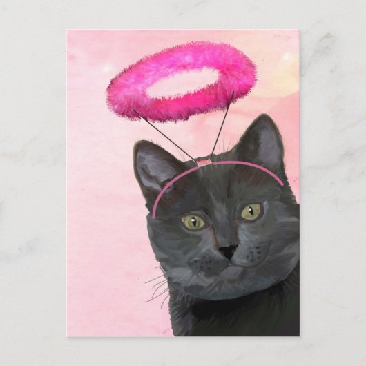 Zwarte kat met roze engel halo briefkaart (Voorkant)