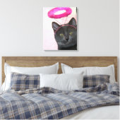 Zwarte kat met roze engel halo canvas afdruk (Insitu (Slaapkamer))