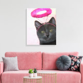 Zwarte kat met roze engel halo canvas afdruk (Insitu (Woonkamer))