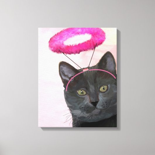 Zwarte kat met roze engel halo canvas afdruk (Voorkant)