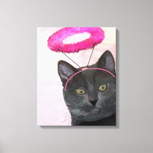 Zwarte kat met roze engel halo canvas afdruk (Voorkant)