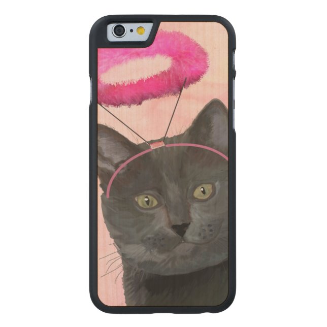 Zwarte kat met roze engel halo carved wood iPhone hoesje (Achterkant)