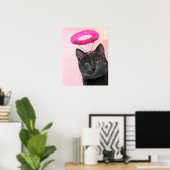 Zwarte kat met roze engel halo poster (Thuiskantoor)