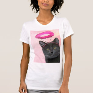 Zwarte kat met roze engel halo t-shirt