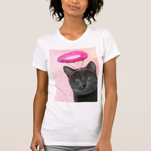 Zwarte kat met roze engel halo t-shirt (Voorkant)