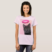 Zwarte kat met roze engel halo t-shirt (Voorkant volledig)