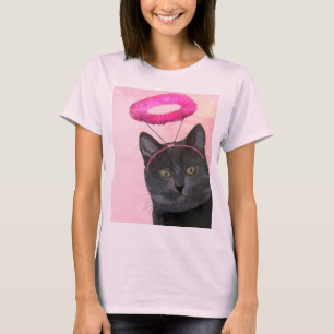 Zwarte kat met roze engel halo t-shirt