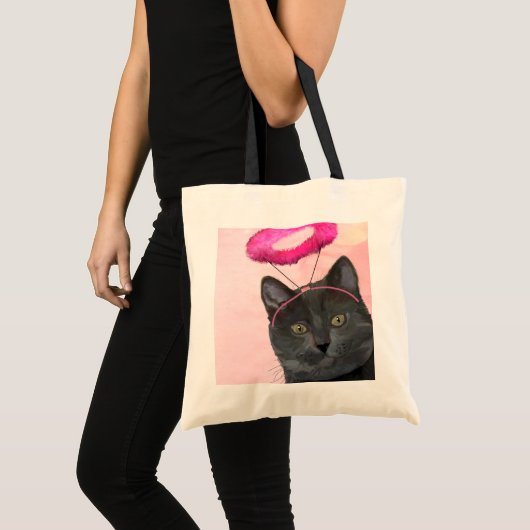 Zwarte kat met roze engel halo tote bag (Voorkant (product))