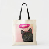 Zwarte kat met roze engel halo tote bag (Voorkant)