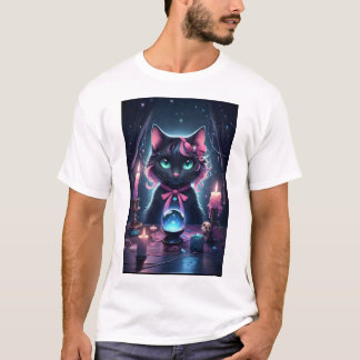 Zwarte kat met roze lint Fortune Teller T-shirt