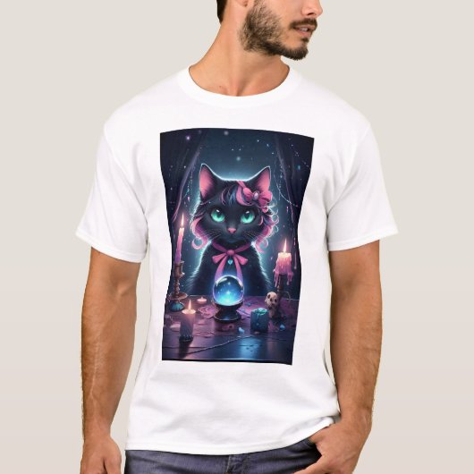 Zwarte kat met roze lint Fortune Teller T-shirt (Voorkant)