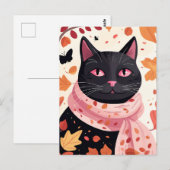 Zwarte kat met roze ogen die een sjaal draagt briefkaart (Voorkant / Achterkant)