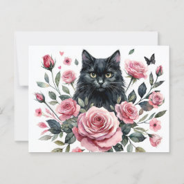 Zwarte Kat met Roze Rozen Aquarel Ansichtkaart Briefkaart
