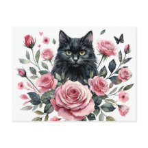 Zwarte Kat met Roze Rozen Aquarel Ansichtkaart