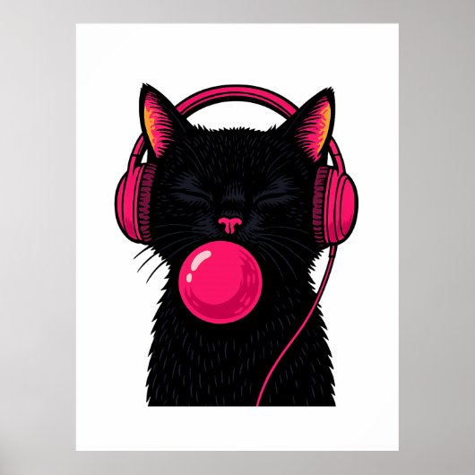 Zwarte Kat met Roze Telefoonhoofd – Grappig Minima Poster (Voorkant)