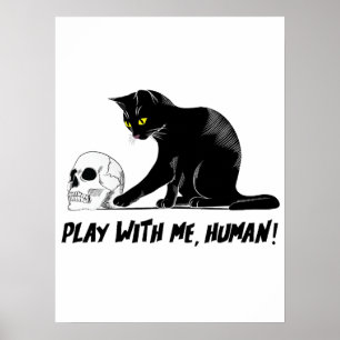 Zwarte kat met schedel spelen met me menselijke kr poster