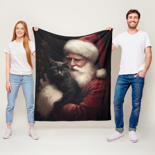 Zwarte kat met sinterklaas feestelijke kerst fleece deken (In situ)