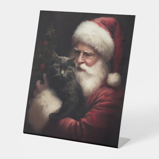 Zwarte kat met sinterklaas feestelijke kerst reclamebord met voetstuk (Voorkant)