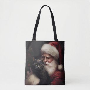 Zwarte kat met sinterklaas feestelijke kerst tote bag