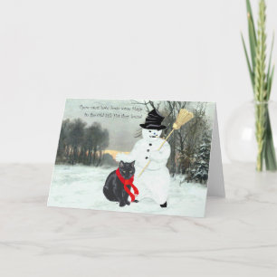 Zwarte kat met sneeuwman met Kerstmis Feestdagen Kaart