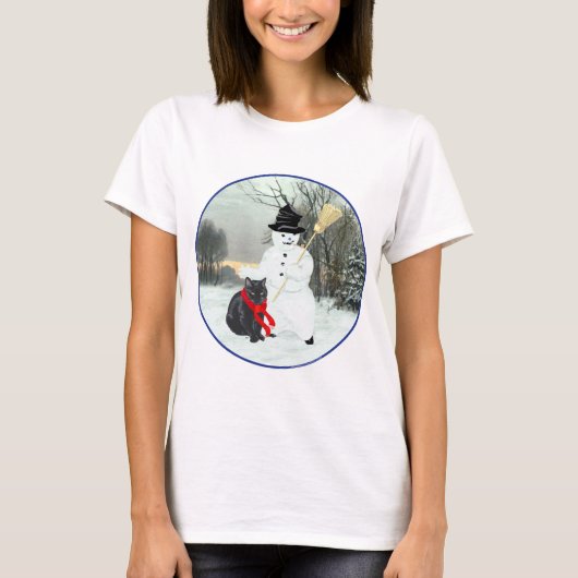 Zwarte Kat met Sneeuwman T-shirt (Voorkant)