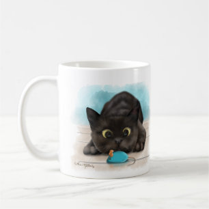 Zwarte Kat met Speelgoed Muis Cartoon Koffiemok