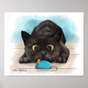 Zwarte Kat met Speelgoed Muis Cartoon Poster