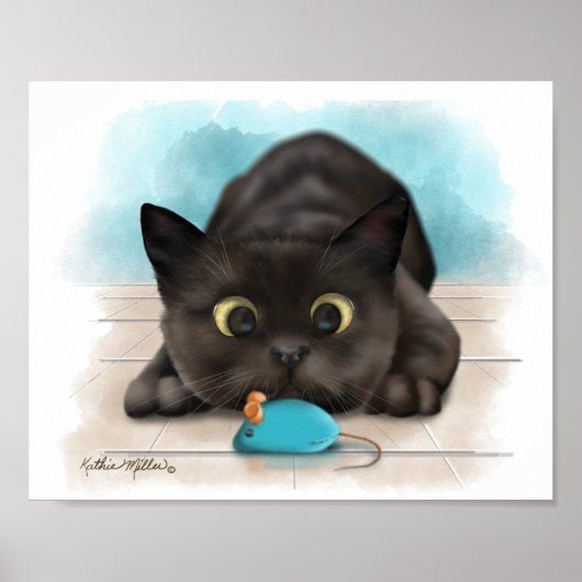 Zwarte Kat met Speelgoed Muis Cartoon Poster (Voorkant)