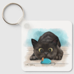 Zwarte Kat met Speelgoed Muis Cartoon Sleutelhanger