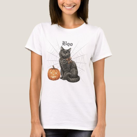Zwarte kat met spinnenweb en Jack o Lantern. Boe. T-shirt (Voorkant)