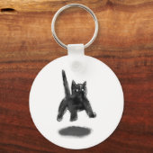 Zwarte Kat met Staart Potlood Kunst Sleutelhanger (Voorkant)